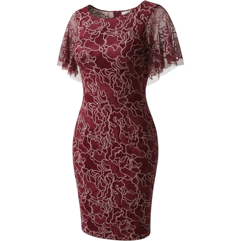 JS Collections Scarlet Burgundy Embroidered Lace‎ Flutter Sleeve Dress 6 NEW